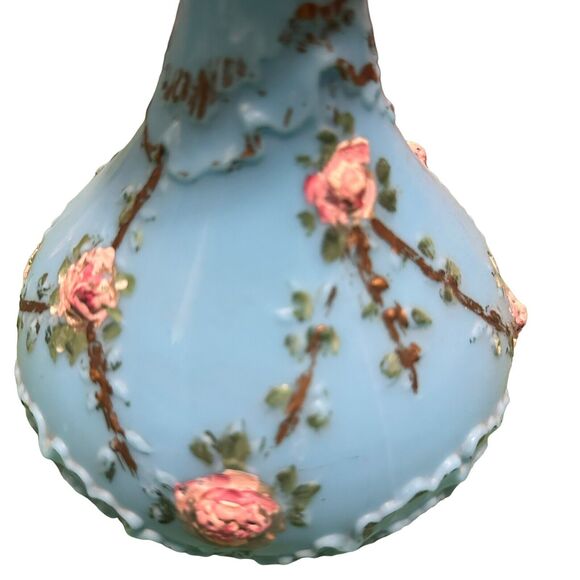 19th Century Antique French Blue Opaline Glass Decanter hand Painted Rose Floral - Picture 5 of 12
